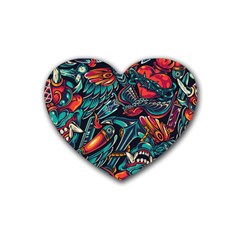 Vintage Tattoos Colorful Seamless Pattern Rubber Coaster (heart)  by Amaryn4rt