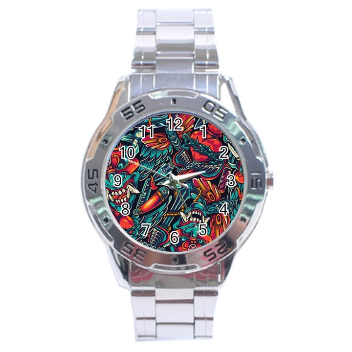 Vintage Tattoos Colorful Seamless Pattern Stainless Steel Analogue Watch