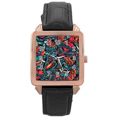 Vintage Tattoos Colorful Seamless Pattern Rose Gold Leather Watch  by Amaryn4rt