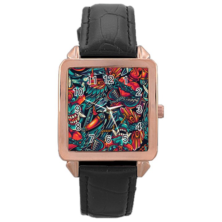 Vintage Tattoos Colorful Seamless Pattern Rose Gold Leather Watch 