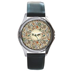 Seamless Pattern With Flower Birds Round Metal Watch by Amaryn4rt