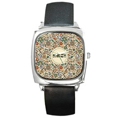 Seamless Pattern With Flower Birds Square Metal Watch by Amaryn4rt