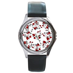 Vector Roses Pattern,red Flowers And Black Branches, Asymmetric Design Round Metal Watch by Casemiro