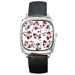 Vector Roses Pattern,red Flowers And Black Branches, Asymmetric Design Square Metal Watch by Casemiro