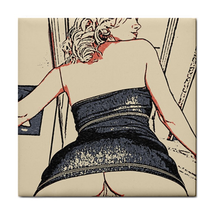 Bedroom invitation, kinky blonde girl illustration, naughty sketch Tile Coaster