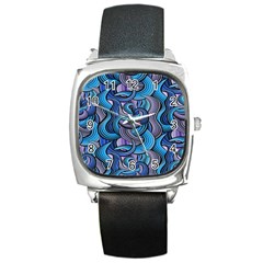 Blue Swirl Pattern Square Metal Watch by designsbymallika