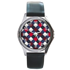 Checks Pattern Blue Red Round Metal Watch by designsbymallika