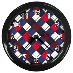 Checks Pattern Blue Red Wall Clock (black) by designsbymallika