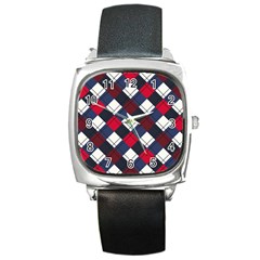 Checks Pattern Blue Red Square Metal Watch by designsbymallika