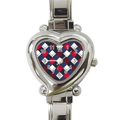 Checks Pattern Blue Red Heart Italian Charm Watch by designsbymallika