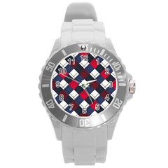 Checks Pattern Blue Red Round Plastic Sport Watch (l) by designsbymallika