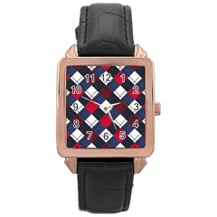 Checks Pattern Blue Red Rose Gold Leather Watch  by designsbymallika