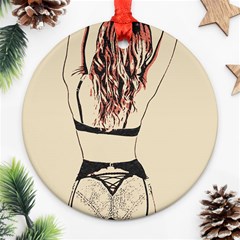 Sweetest Tease - Perfect Redhead Girl In Black Lingerie, Sensual Illustration Ornament (round) by Casemiro