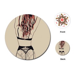 Sweetest Tease - Perfect Redhead Girl In Black Lingerie, Sensual Illustration Playing Cards Single Design (round) by Casemiro