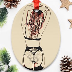 Sweetest tease - perfect redhead girl in black lingerie, sensual illustration Oval Ornament (Two Sides)