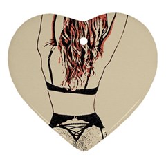 Sweetest Tease - Perfect Redhead Girl In Black Lingerie, Sensual Illustration Heart Ornament (two Sides) by Casemiro