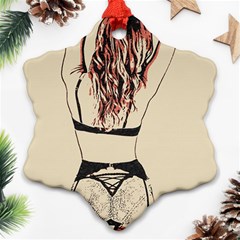 Sweetest Tease - Perfect Redhead Girl In Black Lingerie, Sensual Illustration Snowflake Ornament (two Sides) by Casemiro