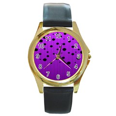 Two Tone Purple With Black Strings And Ovals, Dots  Geometric Pattern Round Gold Metal Watch by Casemiro