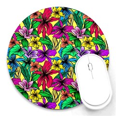 Hibiscus Flowers Pattern, Floral Theme, Rainbow Colors, Colorful Palette Round Mousepads by Casemiro