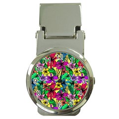 Hibiscus Flowers Pattern, Floral Theme, Rainbow Colors, Colorful Palette Money Clip Watches