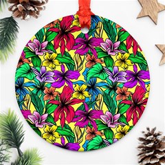 Hibiscus Flowers Pattern, Floral Theme, Rainbow Colors, Colorful Palette Round Ornament (two Sides) by Casemiro