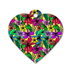 Hibiscus Flowers Pattern, Floral Theme, Rainbow Colors, Colorful Palette Dog Tag Heart (one Side) by Casemiro