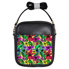 Hibiscus Flowers Pattern, Floral Theme, Rainbow Colors, Colorful Palette Girls Sling Bag by Casemiro