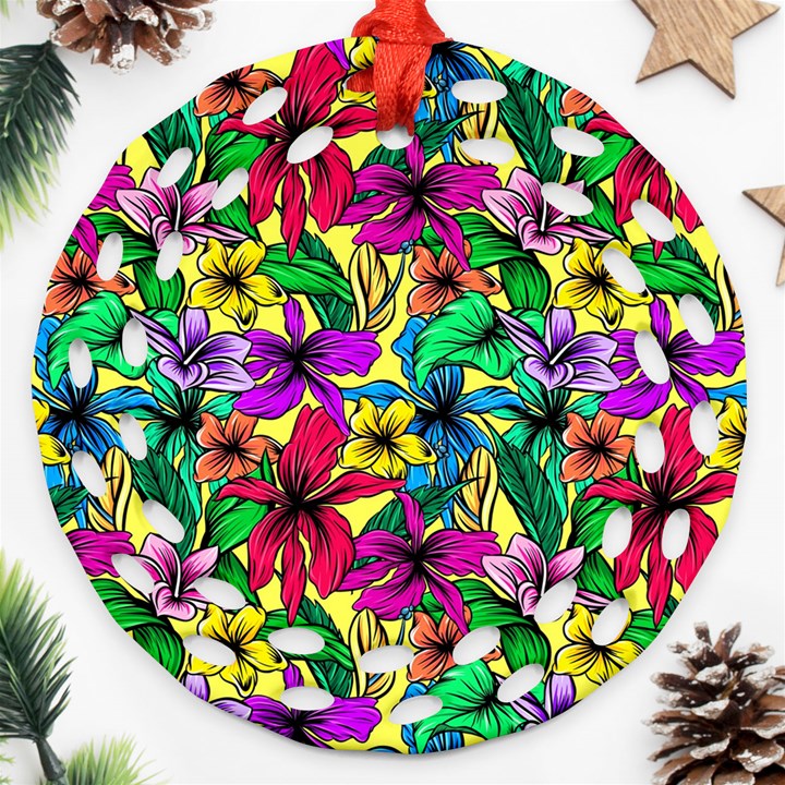 Hibiscus flowers pattern, floral theme, rainbow colors, colorful palette Round Filigree Ornament (Two Sides)