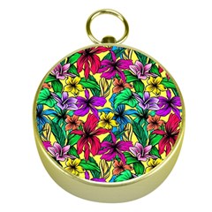 Hibiscus Flowers Pattern, Floral Theme, Rainbow Colors, Colorful Palette Gold Compasses by Casemiro