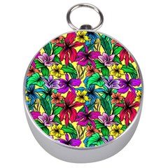 Hibiscus Flowers Pattern, Floral Theme, Rainbow Colors, Colorful Palette Silver Compasses by Casemiro