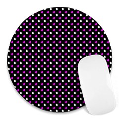 White And Pink Hearts At Black, Vector Handrawn Hearts Pattern Round Mousepads by Casemiro