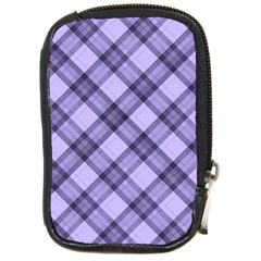 Pastel Purple And Steel Black Lines Pattern, Retro Tartan, Classic Plaid Compact Camera Leather Case by Casemiro