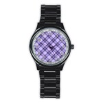 Pastel purple and steel black lines pattern, retro tartan, classic plaid Stainless Steel Round Watch Front