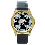 Elephant-pattern-background Round Gold Metal Watch Front