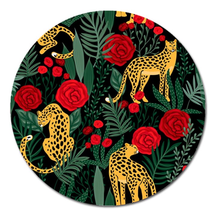 Seamless-pattern-with-leopards-and-roses-vector Magnet 5  (Round)