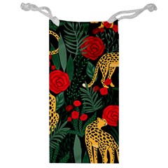 Seamless-pattern-with-leopards-and-roses-vector Jewelry Bag by Sobalvarro