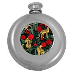 Seamless-pattern-with-leopards-and-roses-vector Round Hip Flask (5 Oz) by Sobalvarro