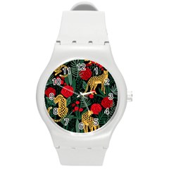 Seamless-pattern-with-leopards-and-roses-vector Round Plastic Sport Watch (m) by Sobalvarro