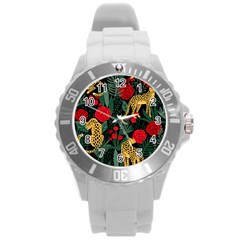 Seamless-pattern-with-leopards-and-roses-vector Round Plastic Sport Watch (l) by Sobalvarro