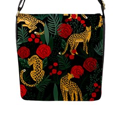 Seamless-pattern-with-leopards-and-roses-vector Flap Closure Messenger Bag (l) by Sobalvarro