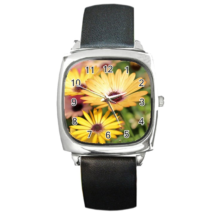 Yellow Flowers Square Metal Watch