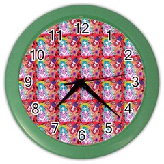 Blue Haired Girl Pattern Red Color Wall Clock by snowwhitegirl