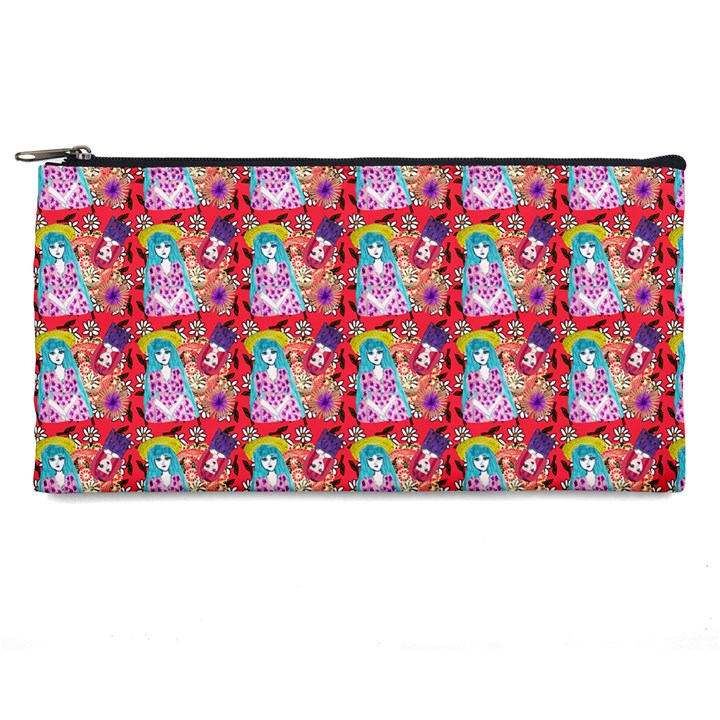 Blue Haired Girl Pattern Red Pencil Case