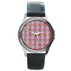 Blue Haired Girl Pattern Pink Round Metal Watch by snowwhitegirl