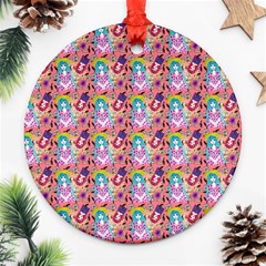 Blue Haired Girl Pattern Pink Round Ornament (two Sides) by snowwhitegirl