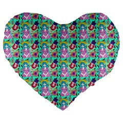 Blue Haired Girl Pattern Green Large 19  Premium Heart Shape Cushions by snowwhitegirl