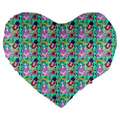 Blue Haired Girl Pattern Green Large 19  Premium Flano Heart Shape Cushions by snowwhitegirl