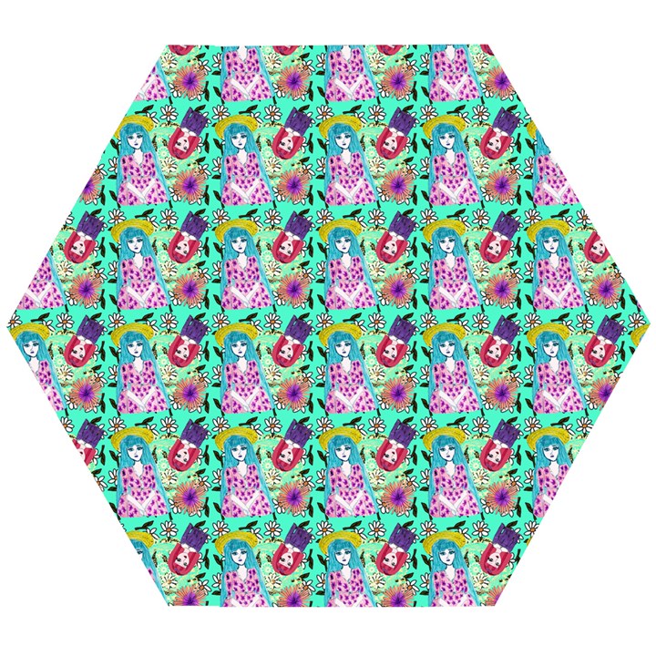 Blue Haired Girl Pattern Green Wooden Puzzle Hexagon