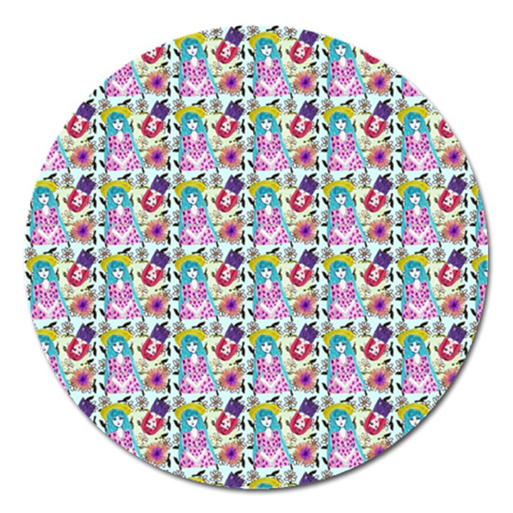 Blue Haired Girl Pattern Blue Magnet 5  (Round)