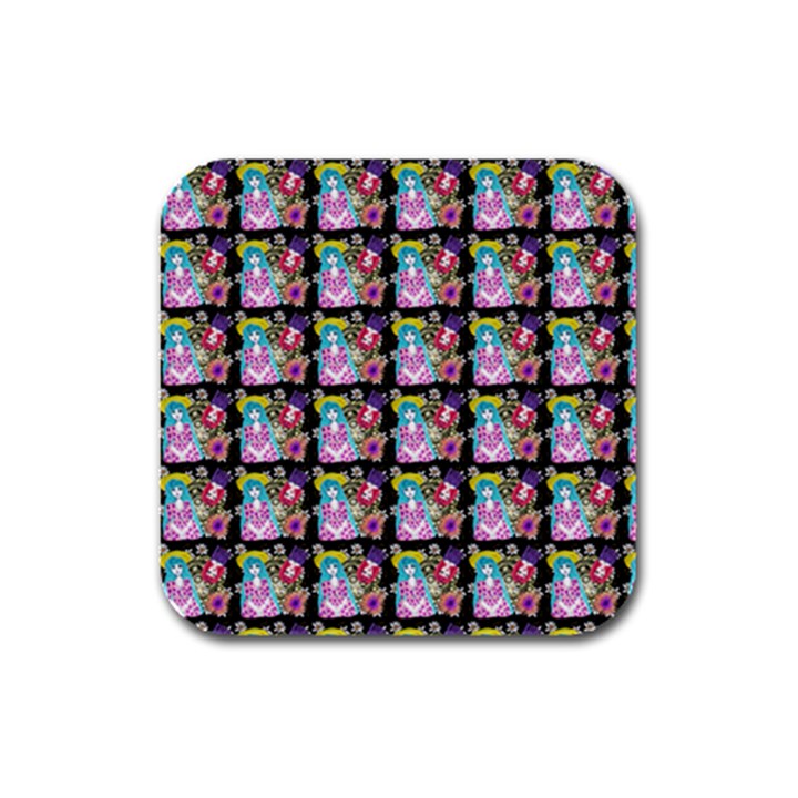 Blue Haired Girl Pattern Black Rubber Square Coaster (4 pack) 